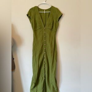 Free People cotton button up ankle length maxi baby sleeve plunge neck dress